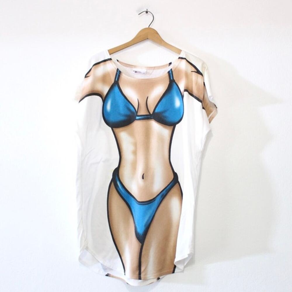 Vintage 90s Bikini Body Cover-Up White Blue Novelty T-Shirt Men’s 2XL